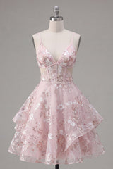 A-Line Pink Spaghetti Straps Corset Floral Homecoming Dress