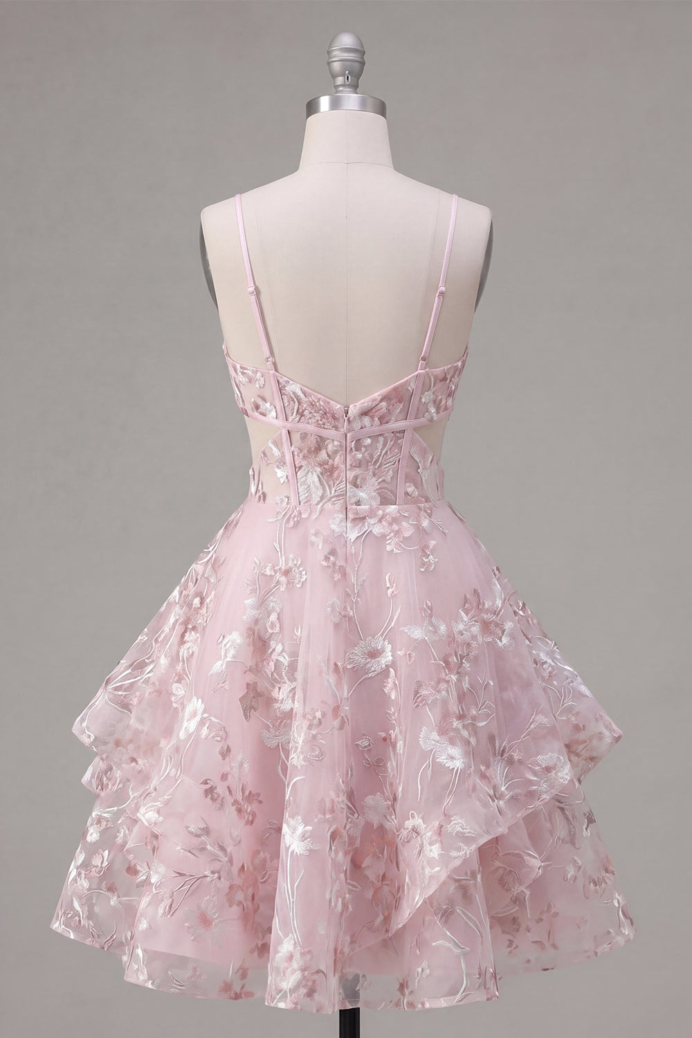 A-Line Pink Spaghetti Straps Corset Floral Homecoming Dress