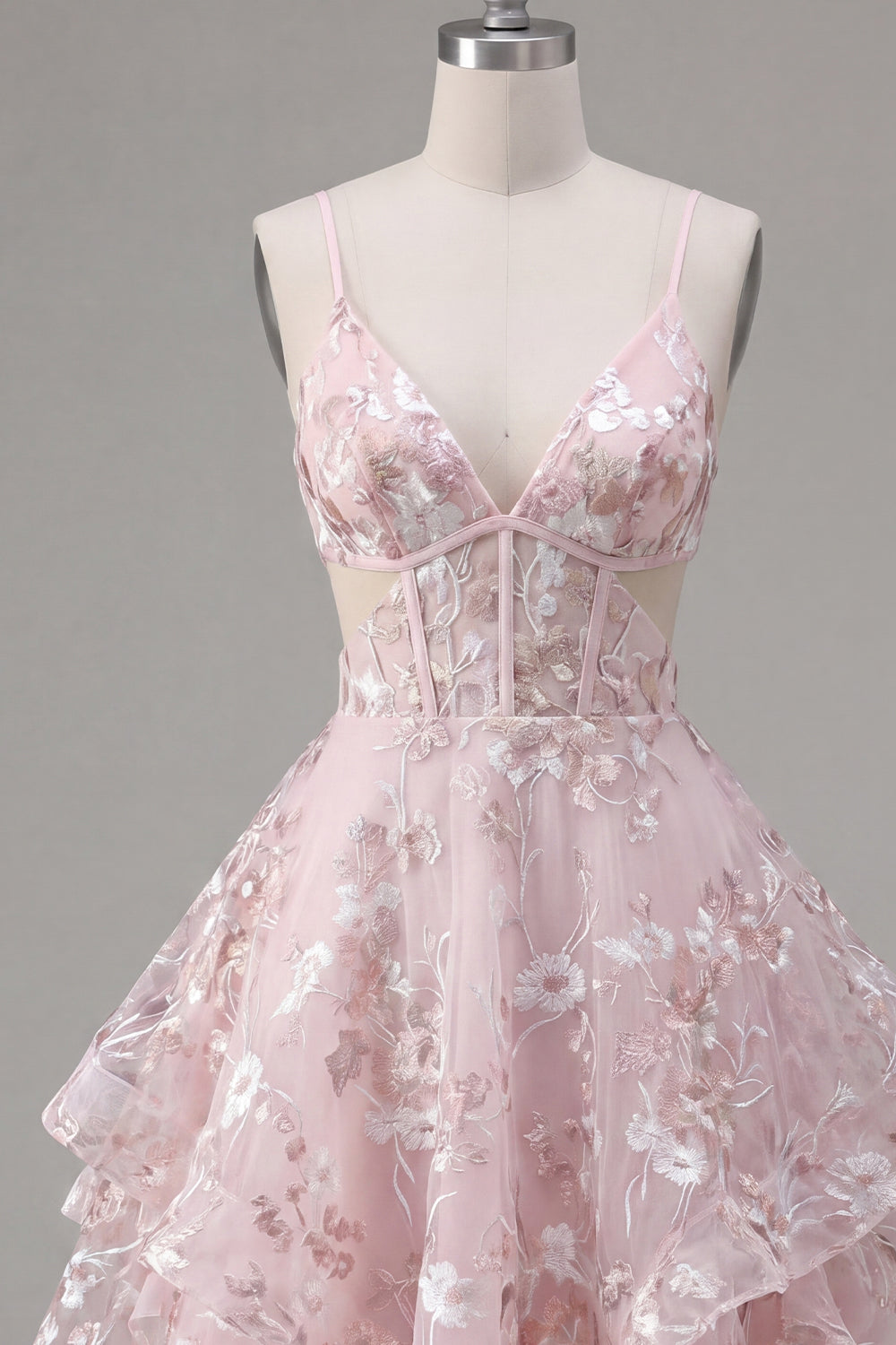A-Line Pink Spaghetti Straps Corset Floral Homecoming Dress