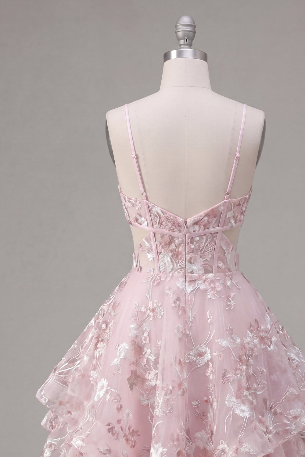 A-Line Pink Spaghetti Straps Corset Floral Homecoming Dress