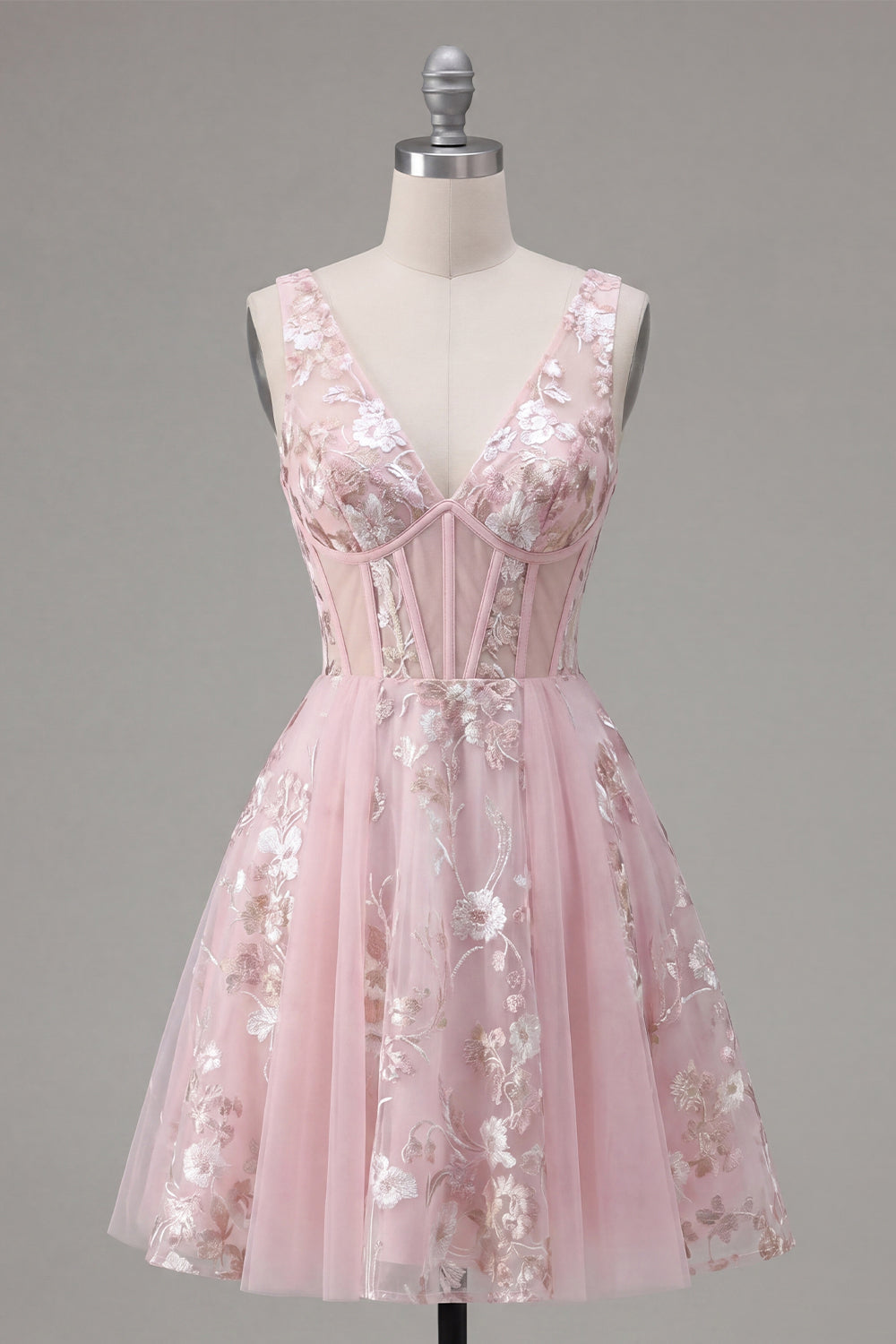 A-Line V-Neck Pink Corset Floral Homecoming Dress