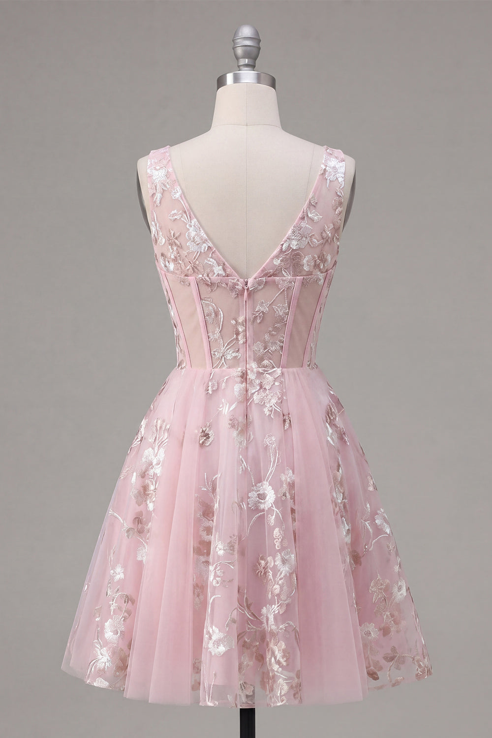 A-Line V-Neck Pink Corset Floral Homecoming Dress
