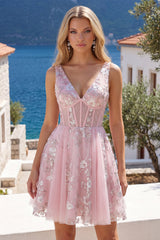 A-Line V-Neck Pink Corset Floral Homecoming Dress