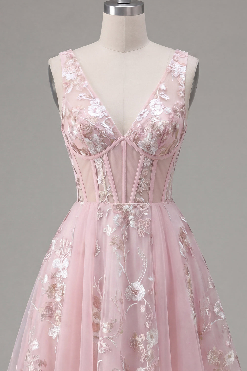 A-Line V-Neck Pink Corset Floral Homecoming Dress
