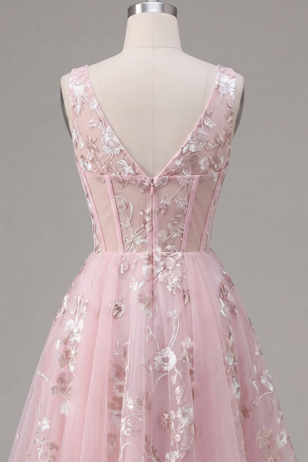 A-Line V-Neck Pink Corset Floral Homecoming Dress