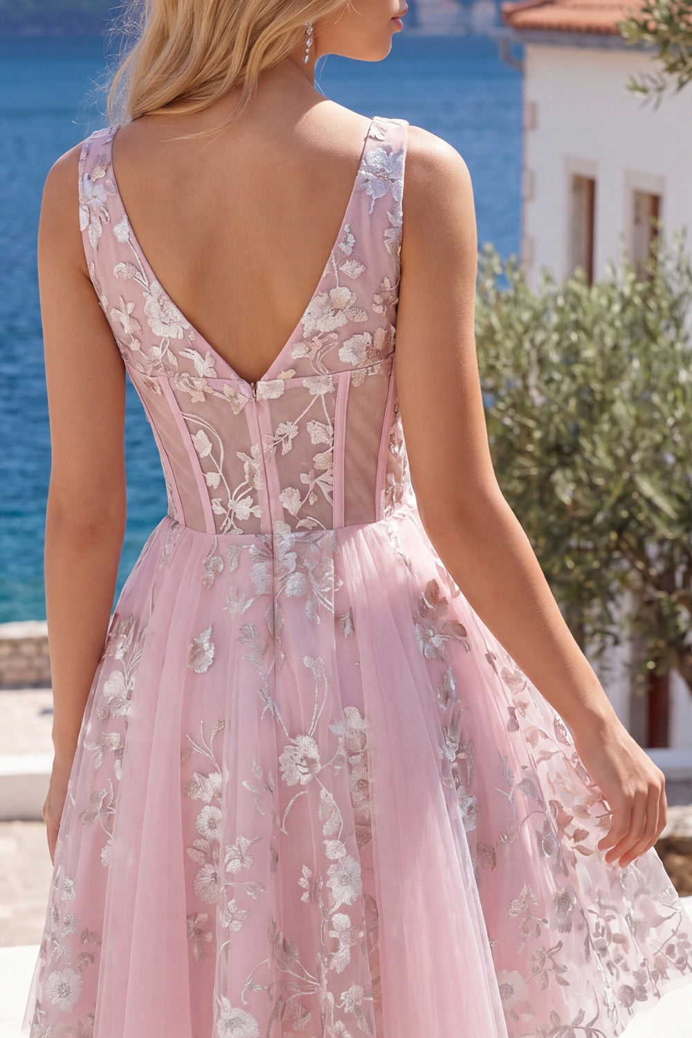 A-Line V-Neck Pink Corset Floral Homecoming Dress