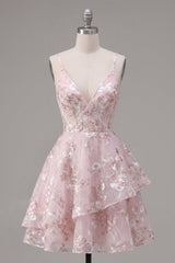 A-Line Pink Corset Spaghetti Straps Floral Homecoming Dress