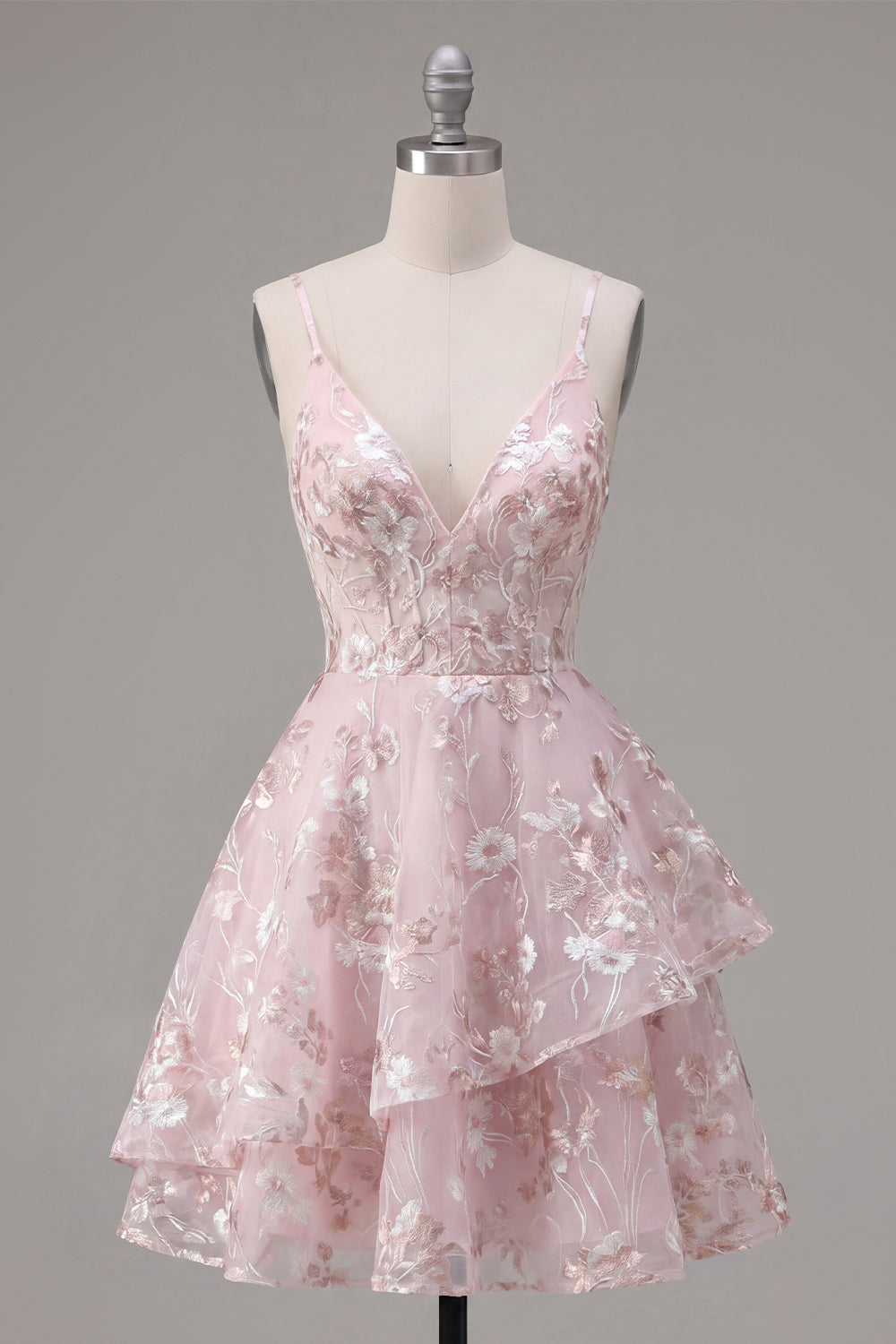 A-Line Pink Corset Spaghetti Straps Floral Homecoming Dress