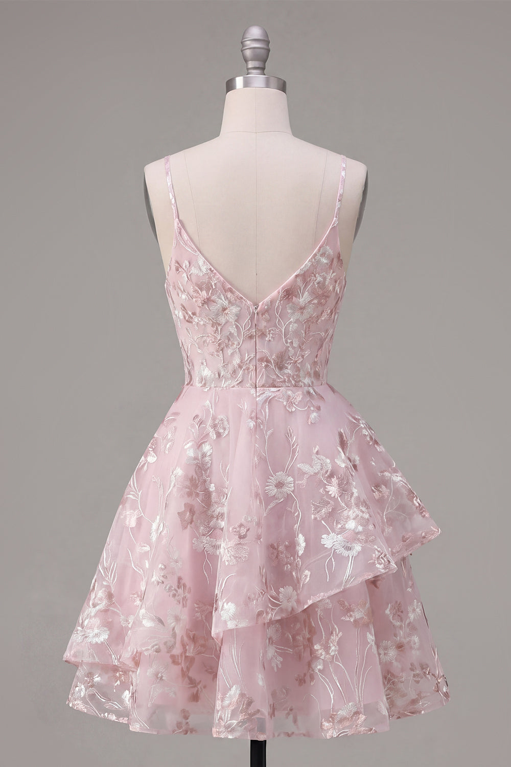 A-Line Pink Corset Spaghetti Straps Floral Homecoming Dress
