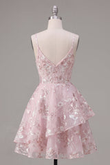 A-Line Pink Corset Spaghetti Straps Floral Homecoming Dress