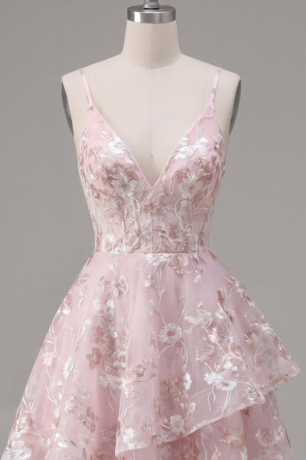 A-Line Pink Corset Spaghetti Straps Floral Homecoming Dress