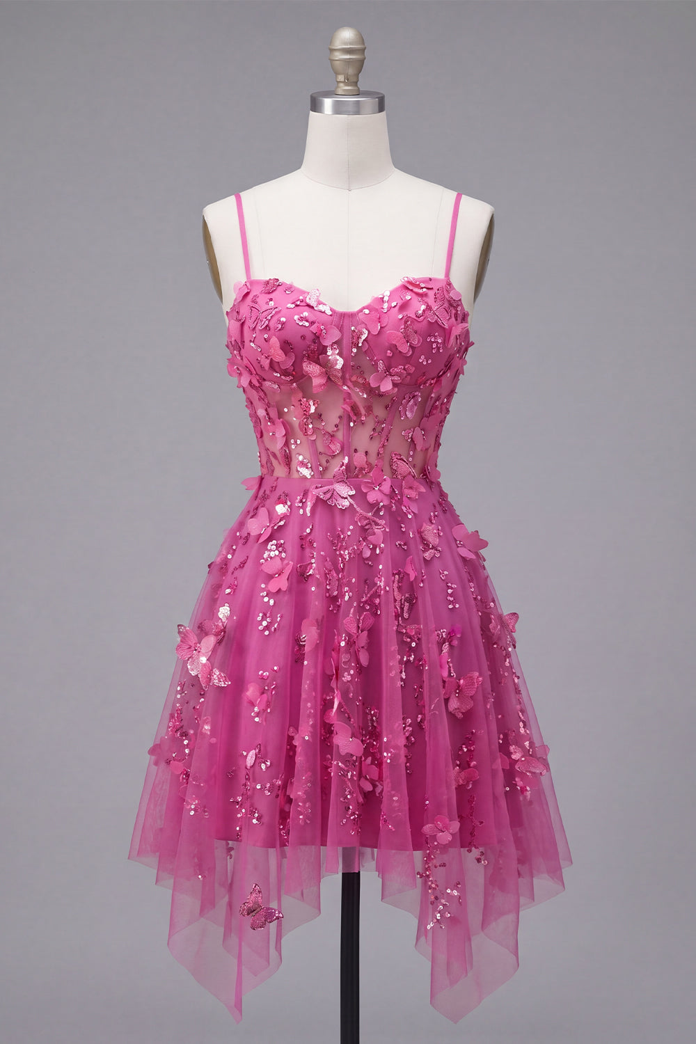 A Line Sparkly Fuchsia Beaded Short Corset Floral Homecoming Dress