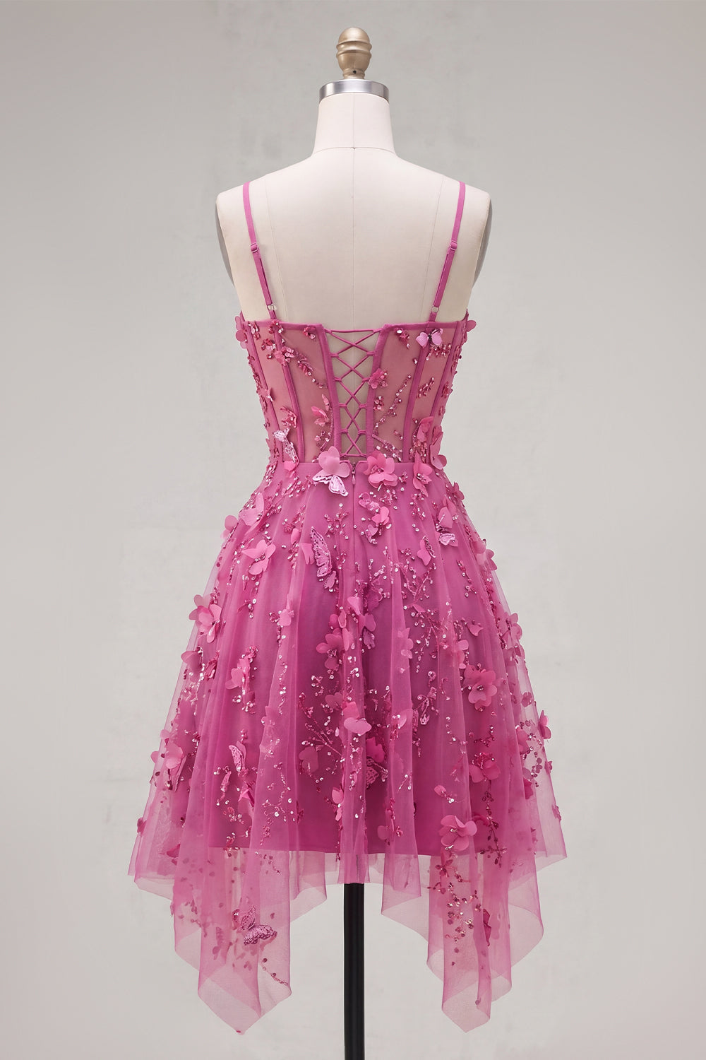 A Line Sparkly Fuchsia Beaded Short Corset Floral Homecoming Dress