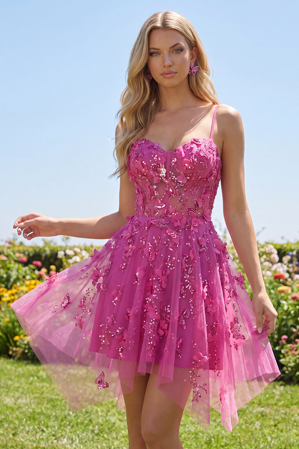 A Line Sparkly Fuchsia Beaded Short Corset Floral Homecoming Dress