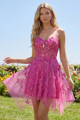A Line Sparkly Fuchsia Beaded Short Corset Floral Homecoming Dress
