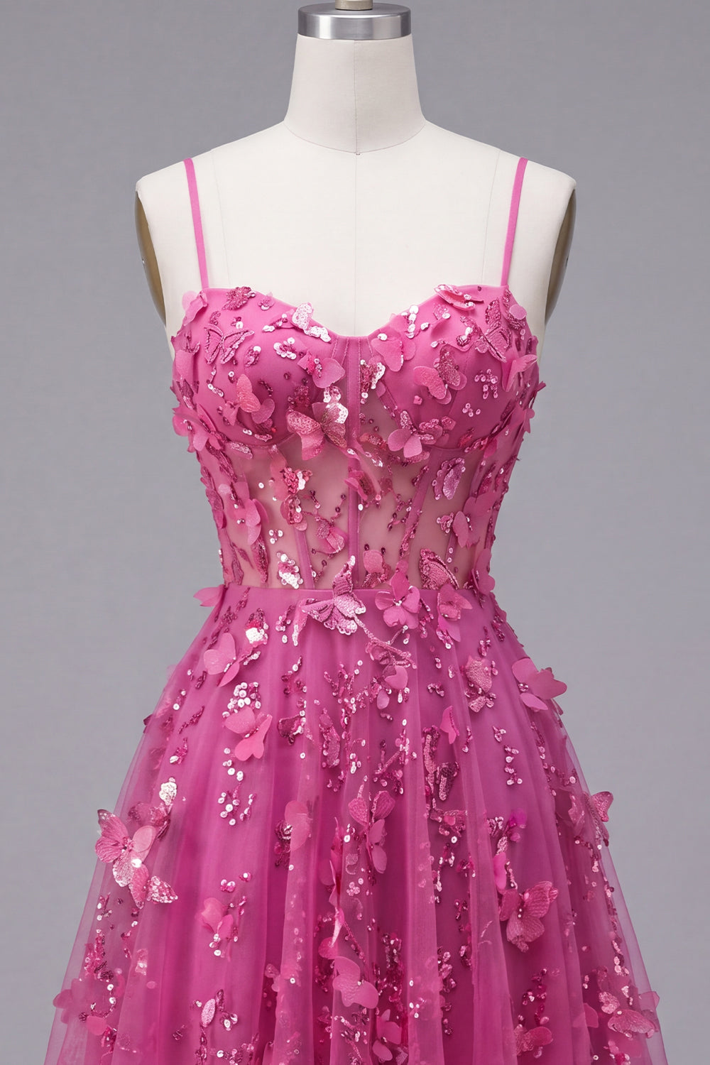 A Line Sparkly Fuchsia Beaded Short Corset Floral Homecoming Dress