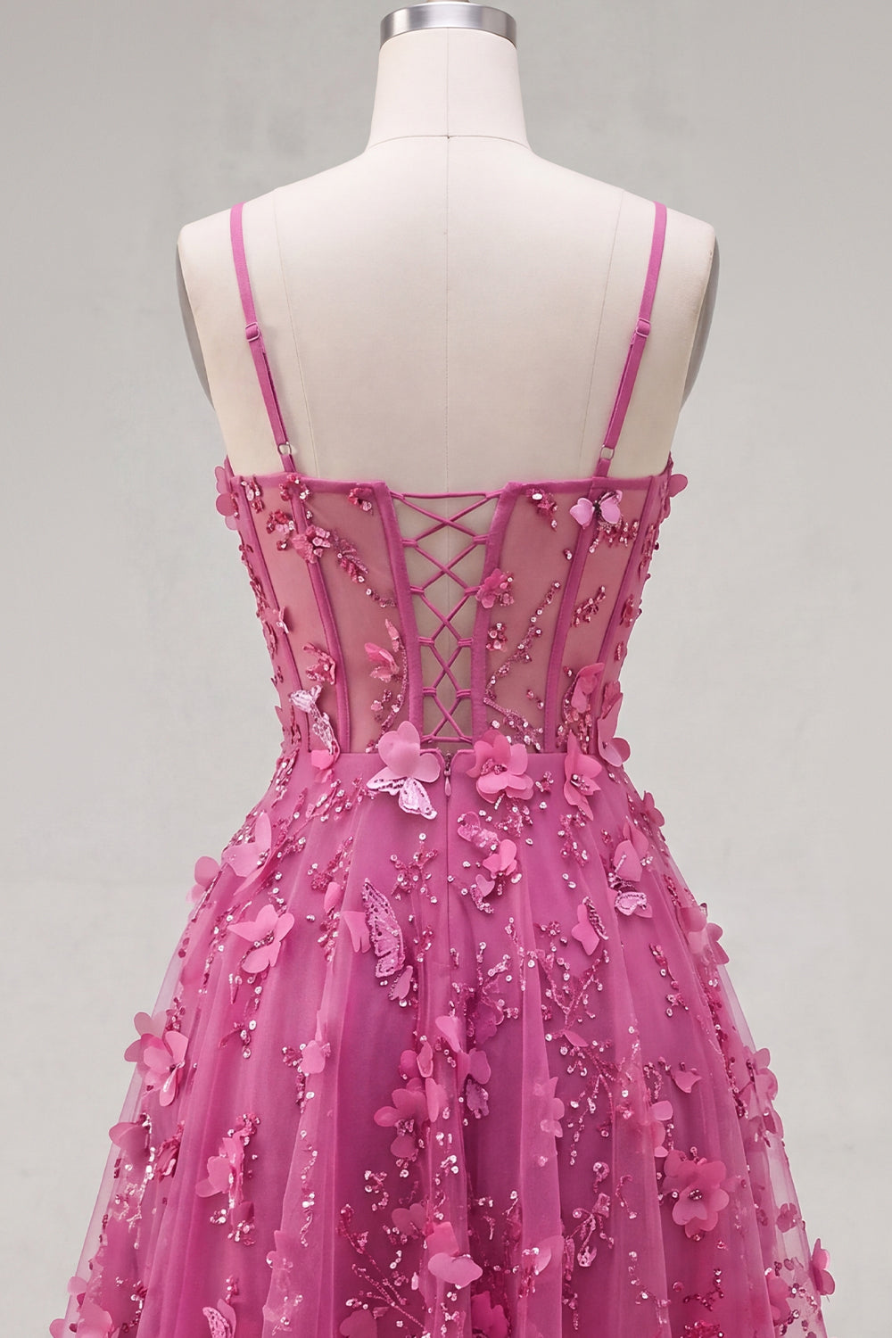 A Line Sparkly Fuchsia Beaded Short Corset Floral Homecoming Dress
