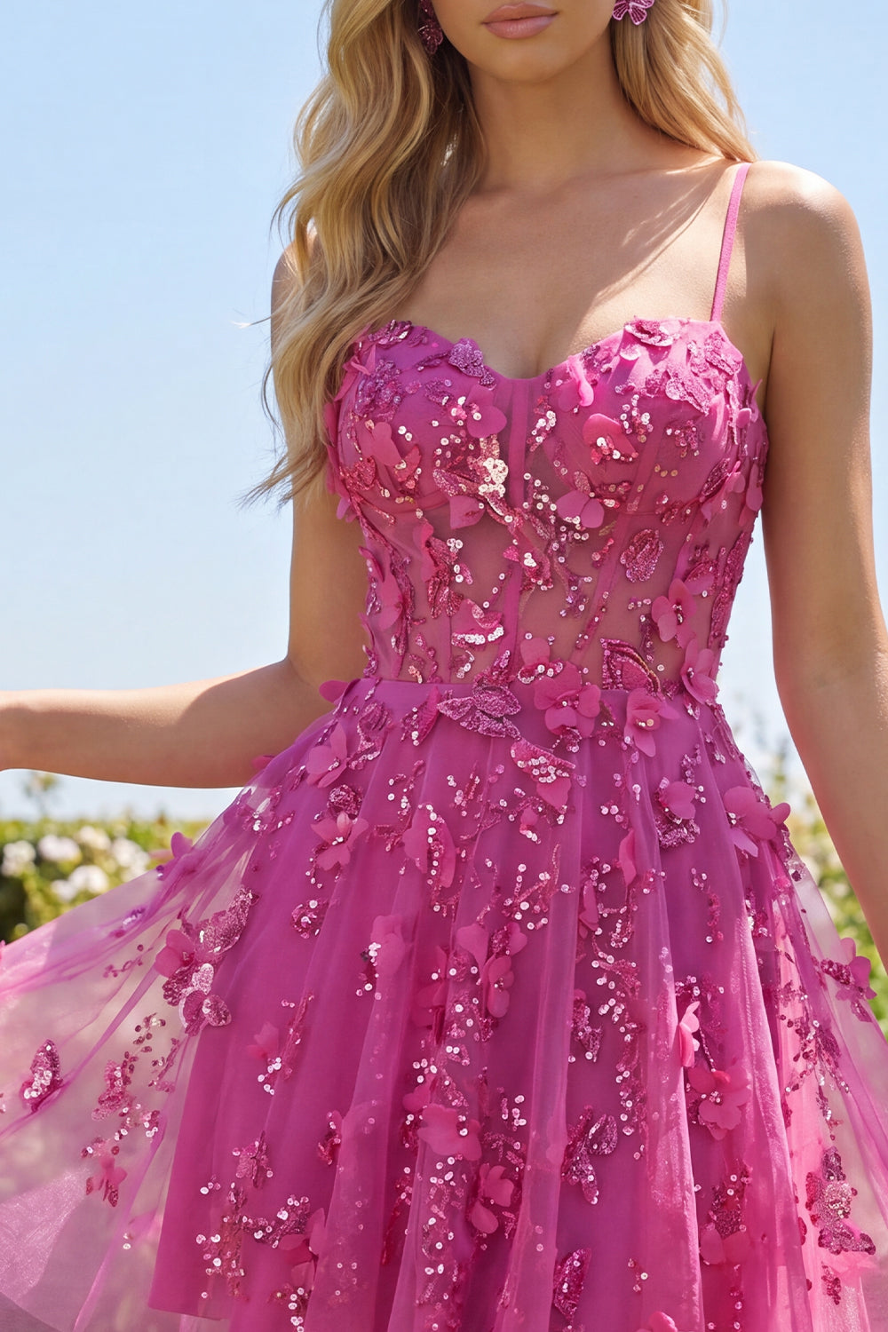 A Line Sparkly Fuchsia Beaded Short Corset Floral Homecoming Dress
