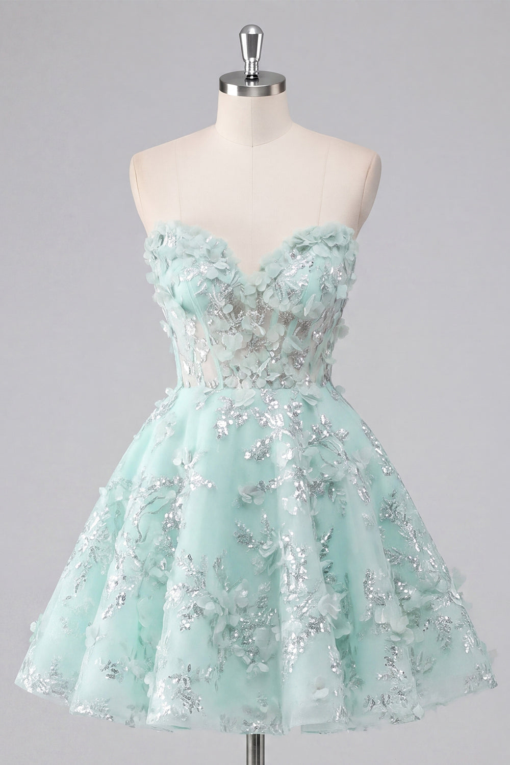 A-Line Mint Floral Sweetheart Corset Appliqued Homecoming Dress