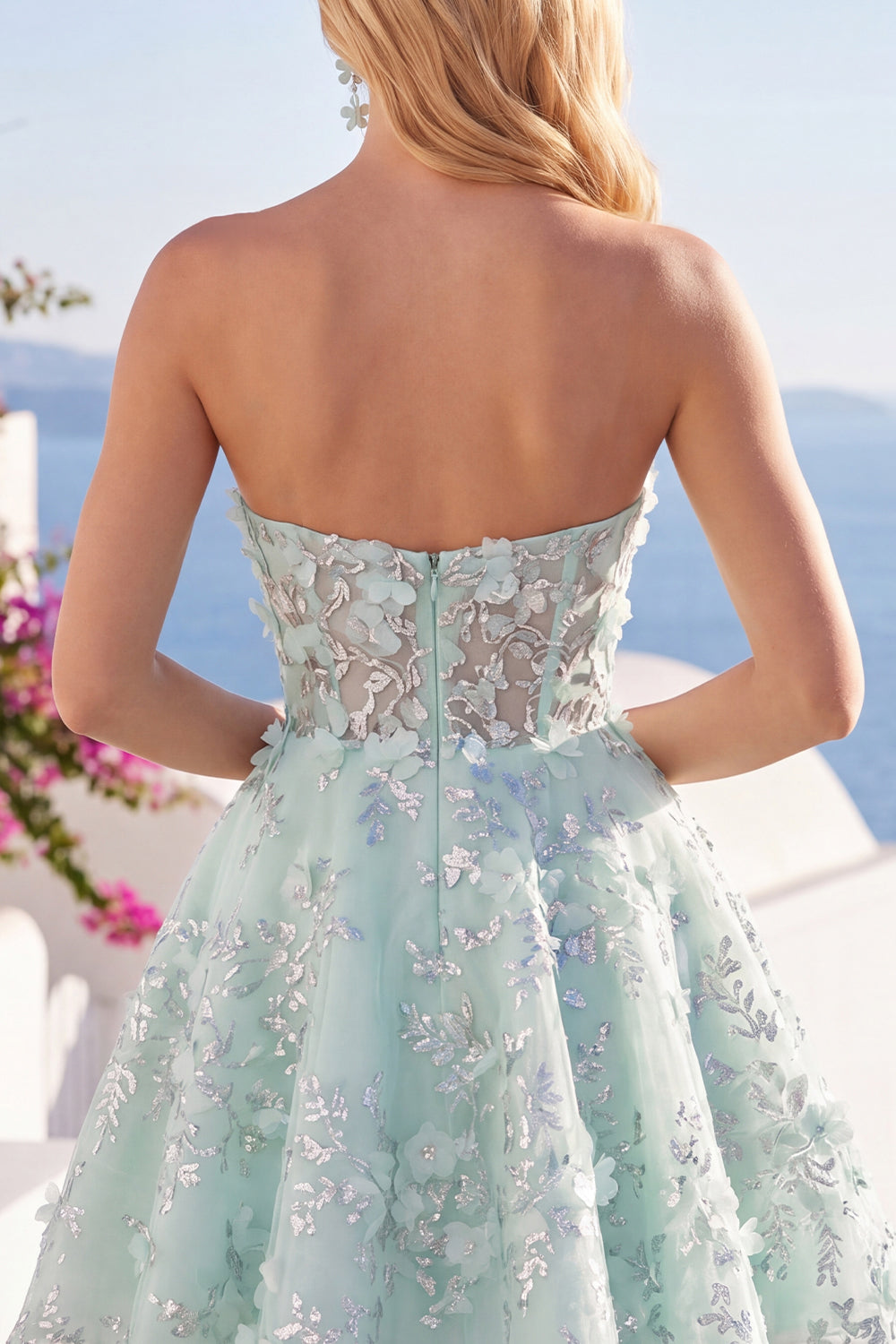 A-Line Mint Floral Sweetheart Corset Appliqued Homecoming Dress