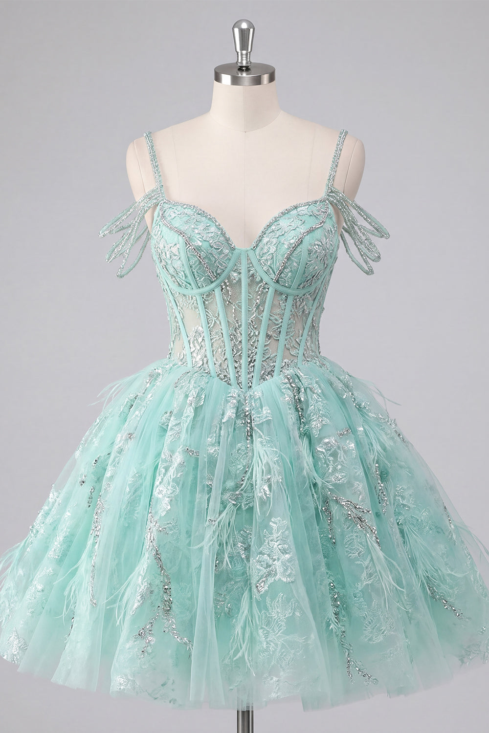 A-Line Mint Cold Shoulder Floral Corset Beaded Homecoming Dress