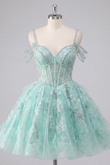 A-Line Mint Cold Shoulder Floral Corset Beaded Homecoming Dress