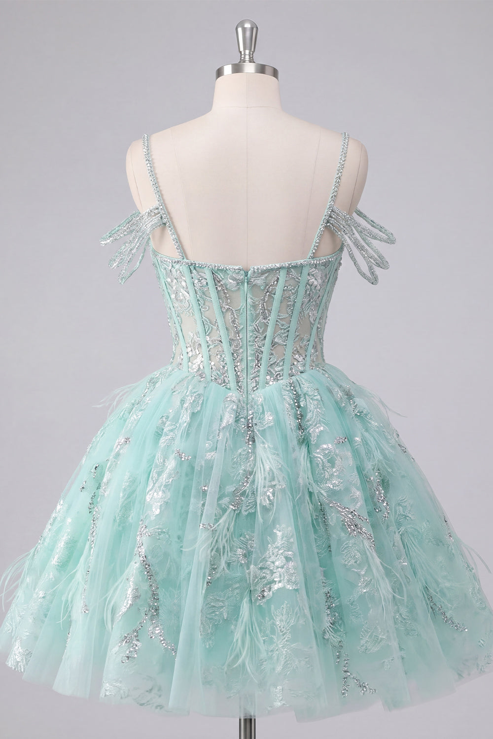 A-Line Mint Cold Shoulder Floral Corset Beaded Homecoming Dress