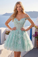 A-Line Mint Cold Shoulder Floral Corset Beaded Homecoming Dress