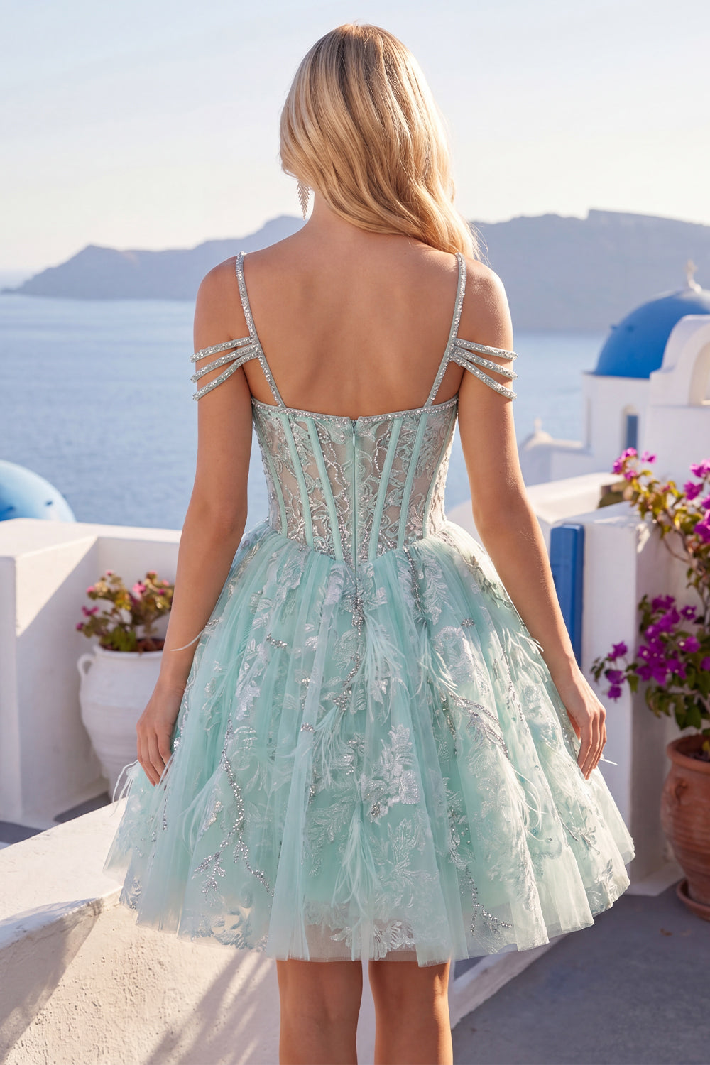 A-Line Mint Cold Shoulder Floral Corset Beaded Homecoming Dress