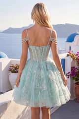 A-Line Mint Cold Shoulder Floral Corset Beaded Homecoming Dress