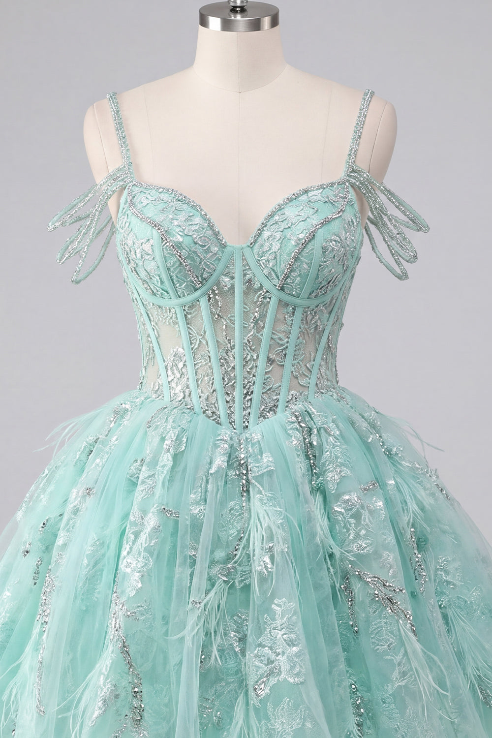 A-Line Mint Cold Shoulder Floral Corset Beaded Homecoming Dress