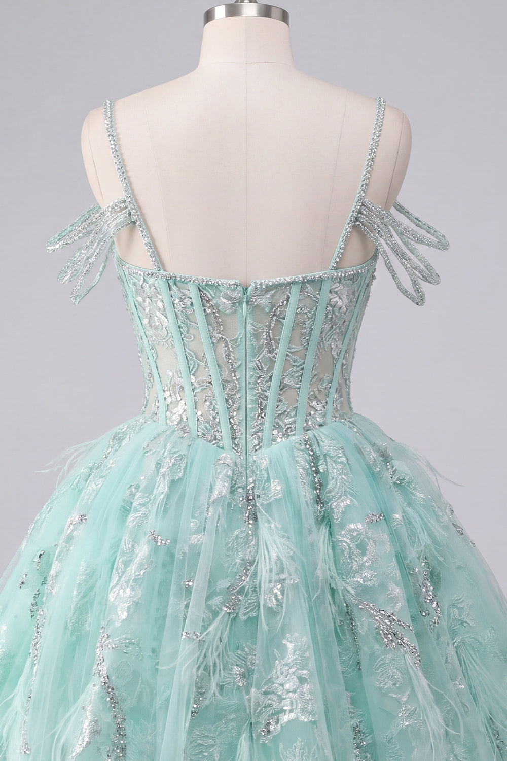 A-Line Mint Cold Shoulder Floral Corset Beaded Homecoming Dress