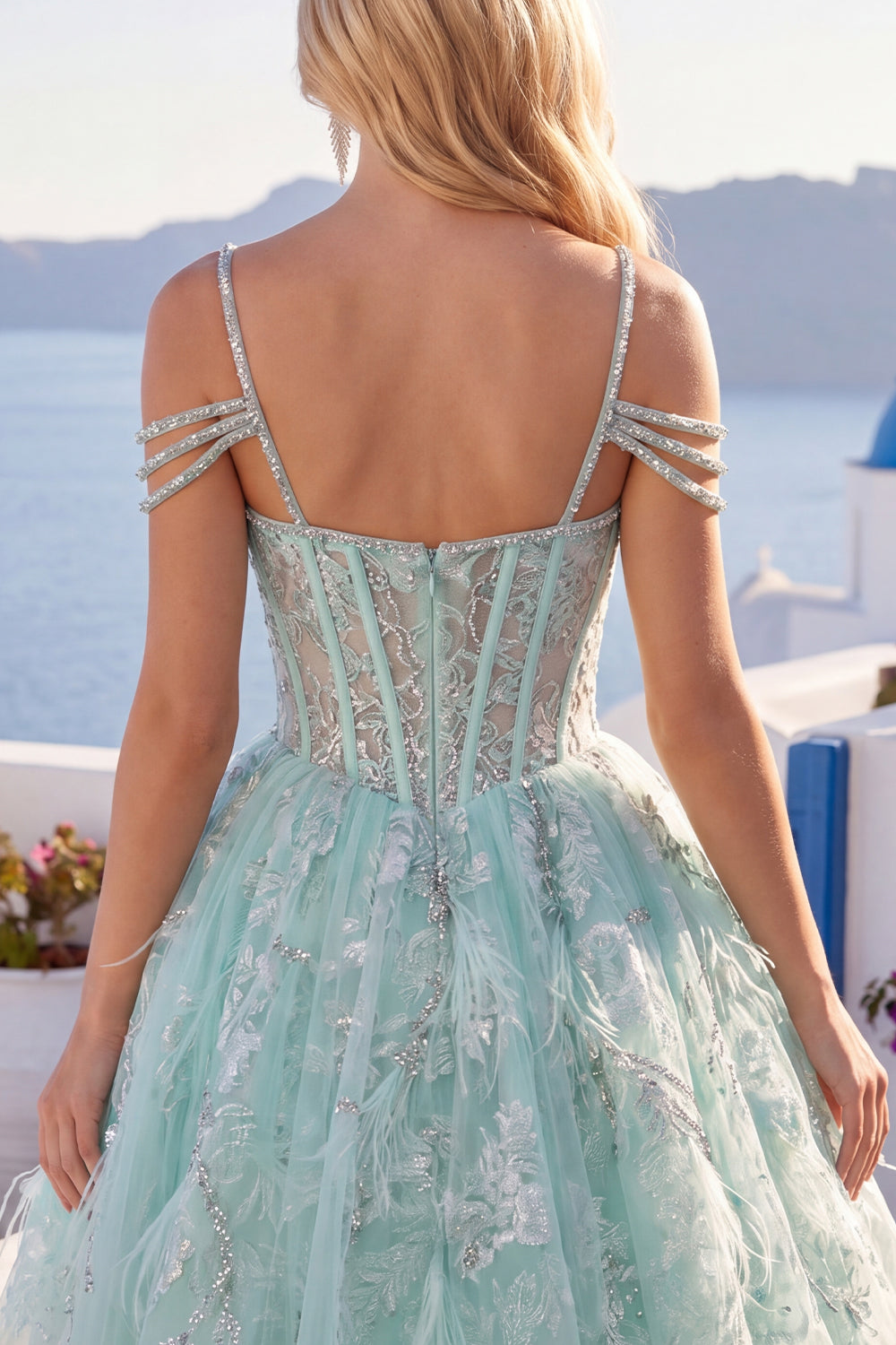 A-Line Mint Cold Shoulder Floral Corset Beaded Homecoming Dress