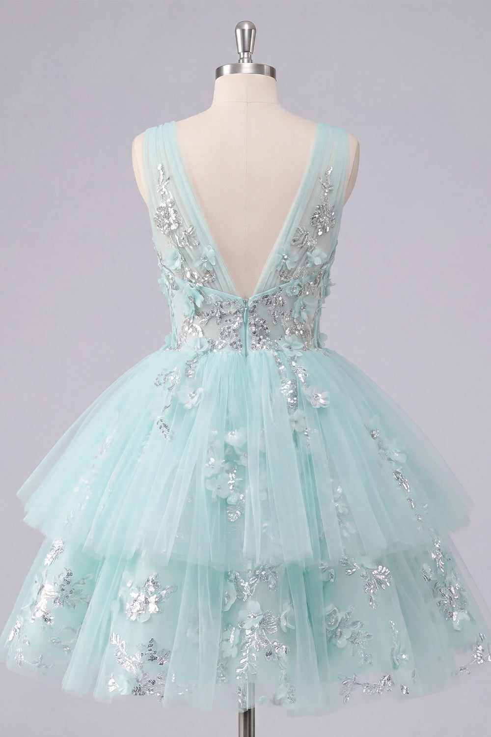 A-Line Mint V-Neck Tulle Floral Appliqued Homecoming Dress