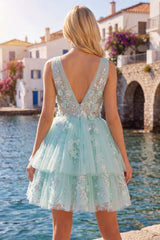 A-Line Mint V-Neck Tulle Floral Appliqued Homecoming Dress