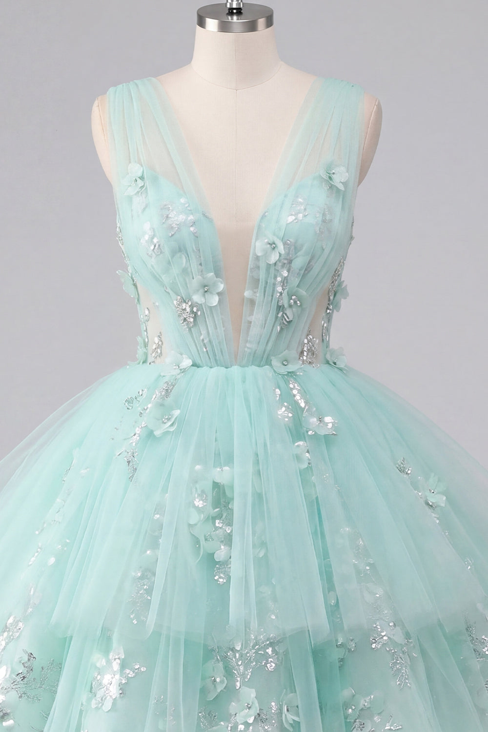 A-Line Mint V-Neck Tulle Floral Appliqued Homecoming Dress