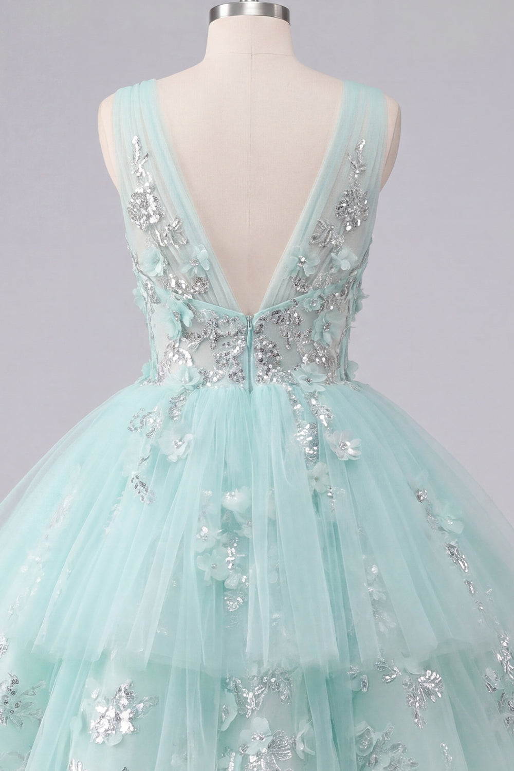 A-Line Mint V-Neck Tulle Floral Appliqued Homecoming Dress