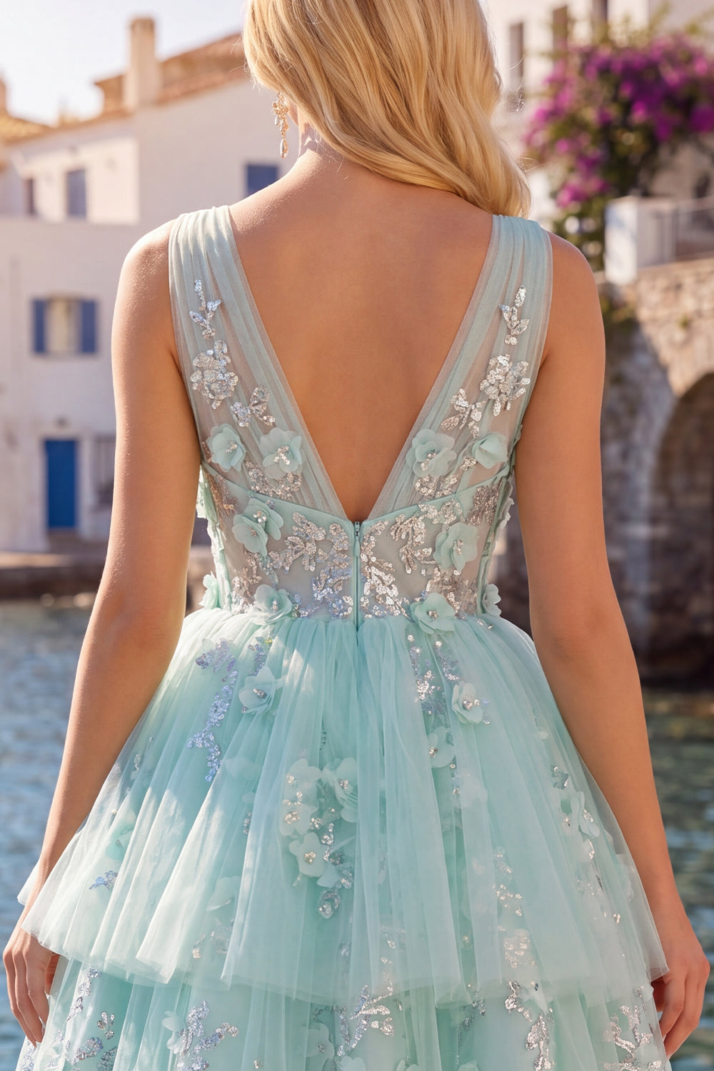 A-Line Mint V-Neck Tulle Floral Appliqued Homecoming Dress