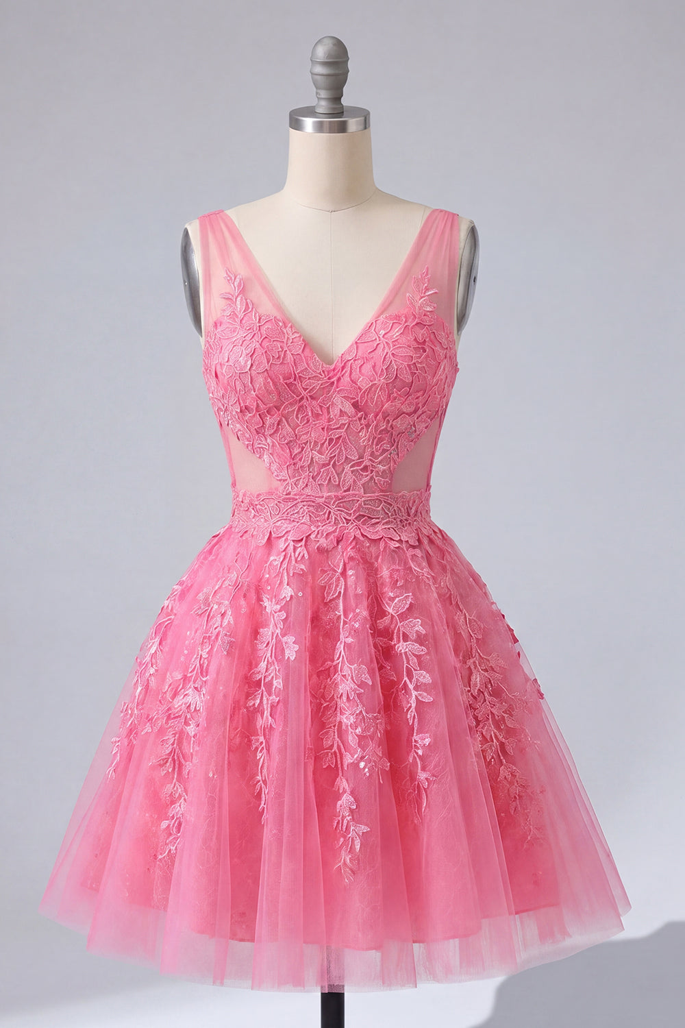 A-Line Hot Pink Floral V-Neck Tulle Homecoming Dress
