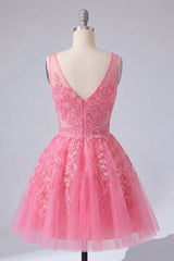 A-Line Hot Pink Floral V-Neck Tulle Homecoming Dress