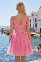 A-Line Hot Pink Floral V-Neck Tulle Homecoming Dress