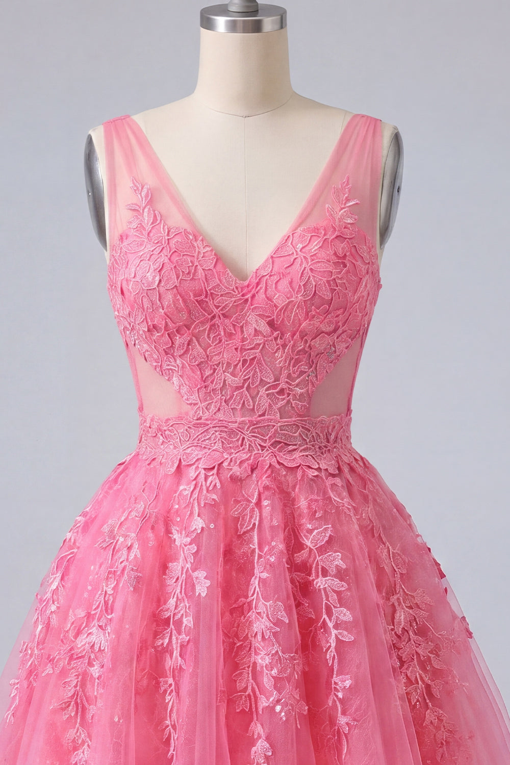 A-Line Hot Pink Floral V-Neck Tulle Homecoming Dress