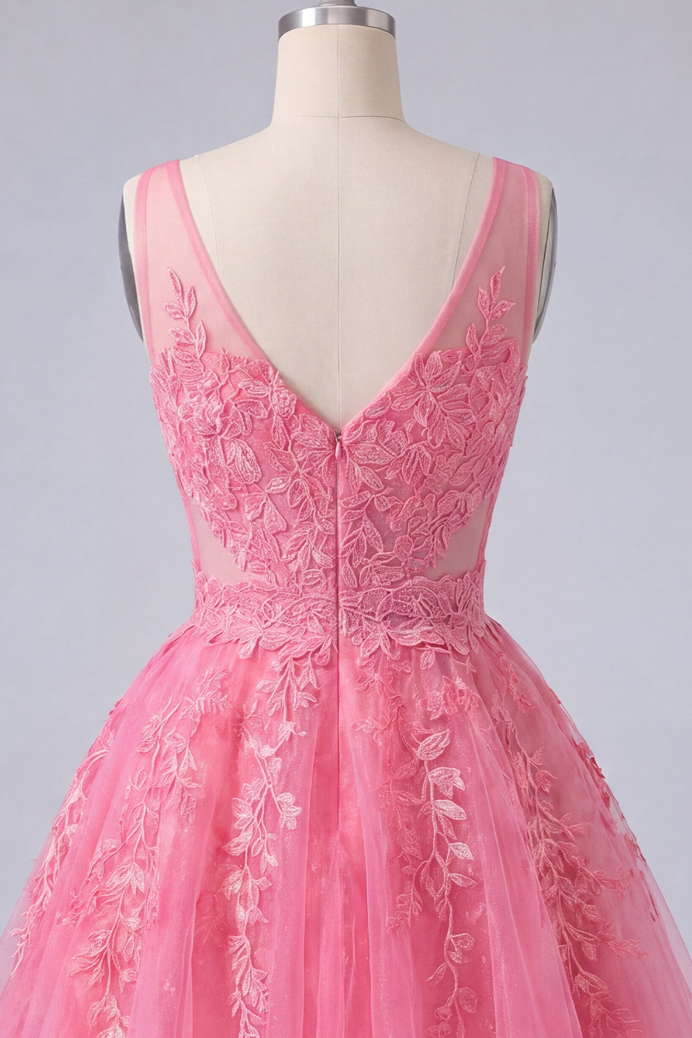 A-Line Hot Pink Floral V-Neck Tulle Homecoming Dress