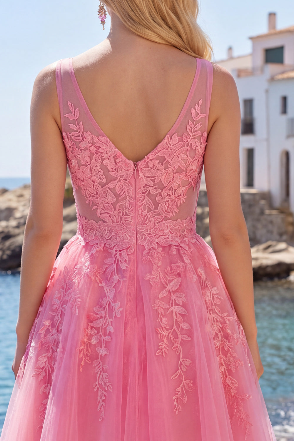 A-Line Hot Pink Floral V-Neck Tulle Homecoming Dress