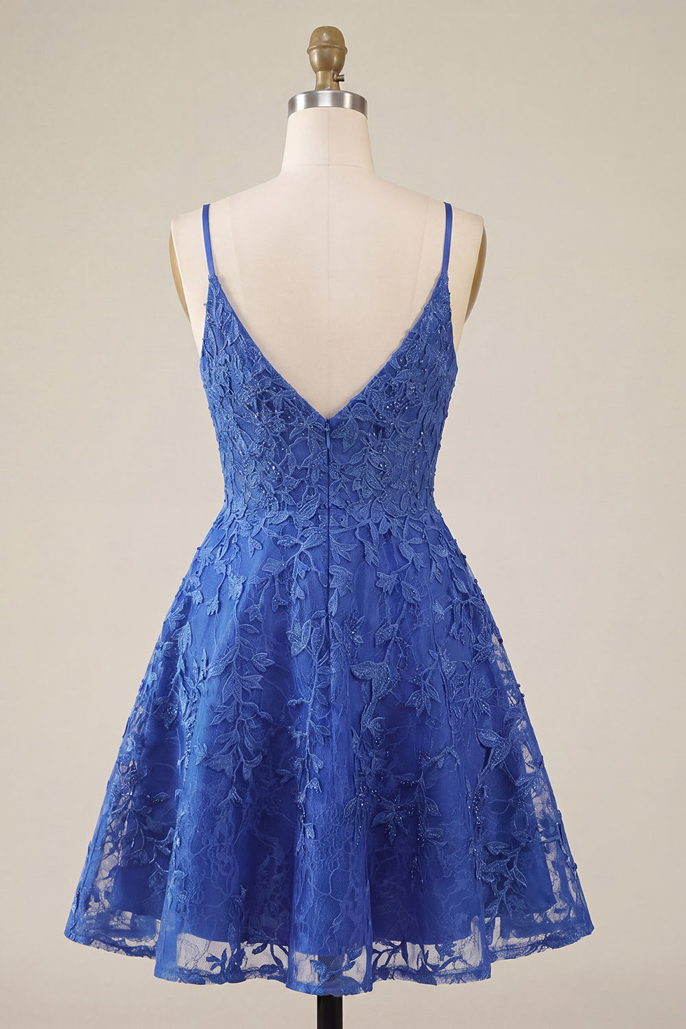 A-Line Royal Blue Floral Beaded Spaghetti Straps Homecoming Dress