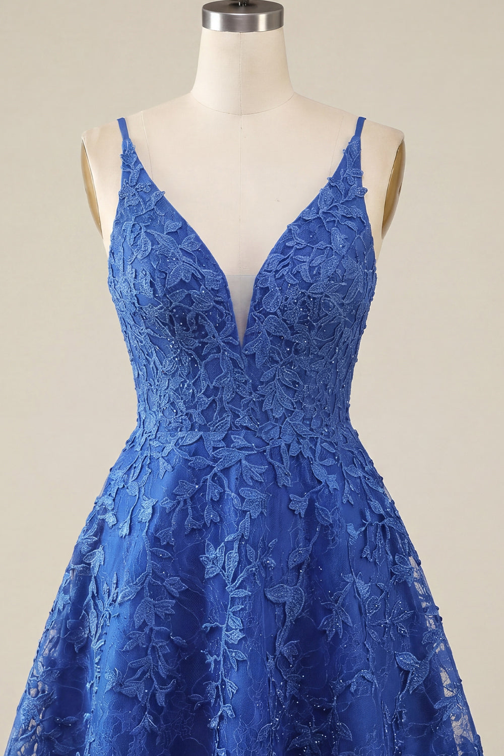 A-Line Royal Blue Floral Beaded Spaghetti Straps Homecoming Dress