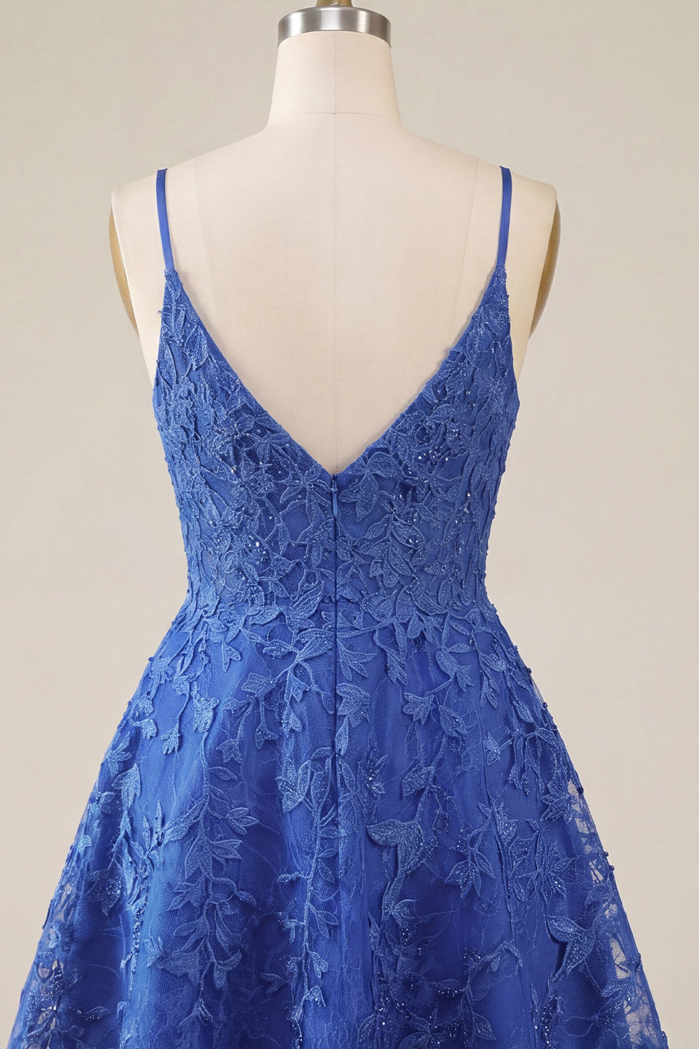 A-Line Royal Blue Floral Beaded Spaghetti Straps Homecoming Dress