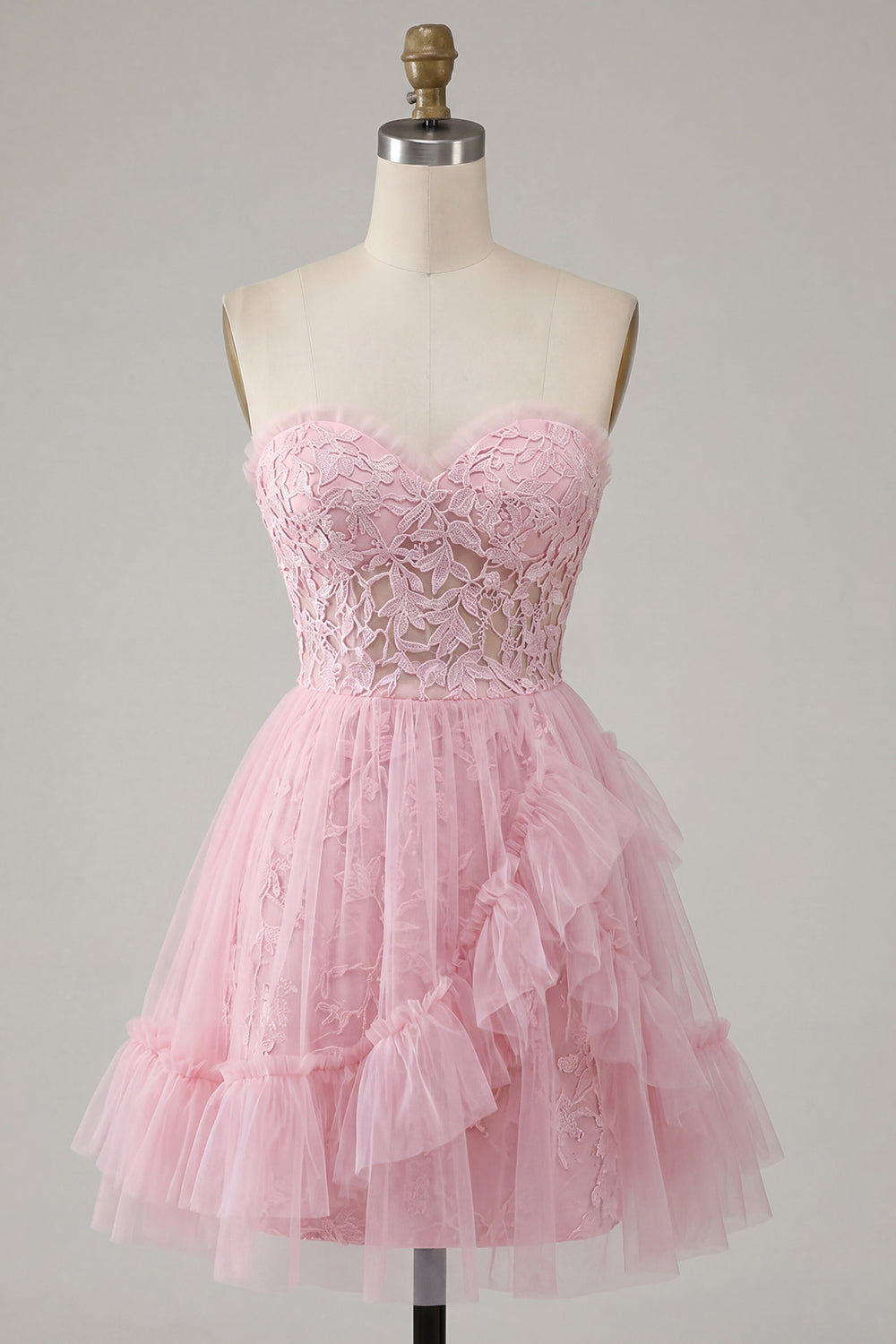A-Line Pink Sweetheart Floral Homecoming Dress with Ruffles