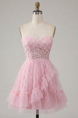A-Line Pink Sweetheart Floral Homecoming Dress with Ruffles