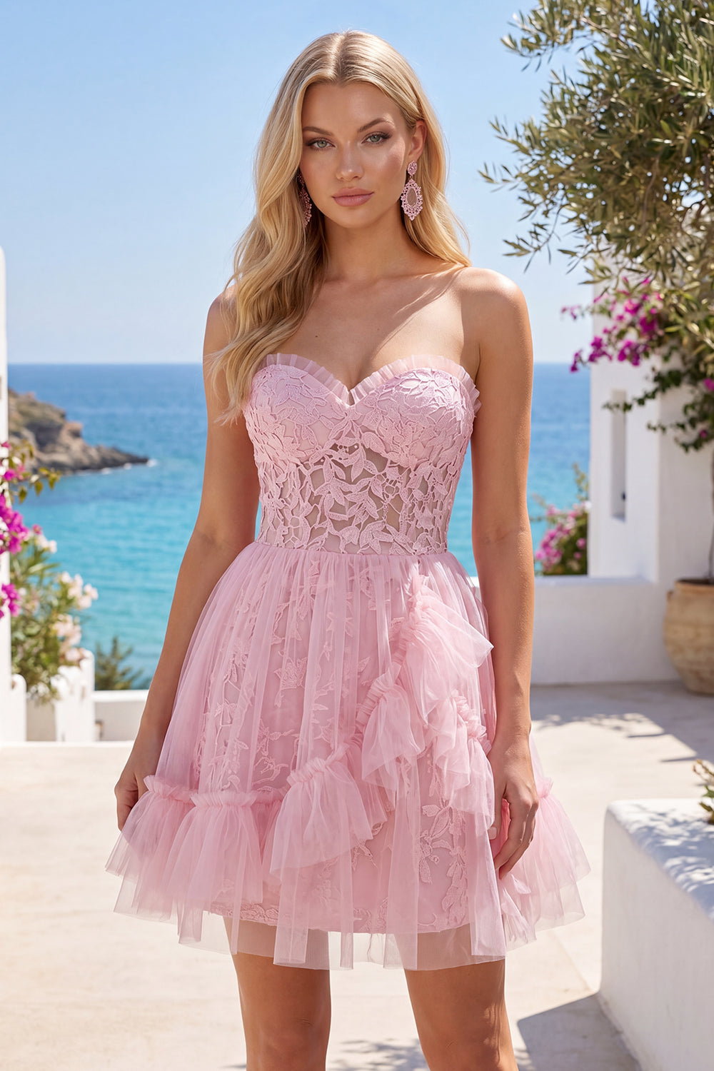 A-Line Pink Sweetheart Floral Homecoming Dress with Ruffles